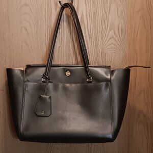 Tory Burch 'Parker' black leather double handle large tote bag purse